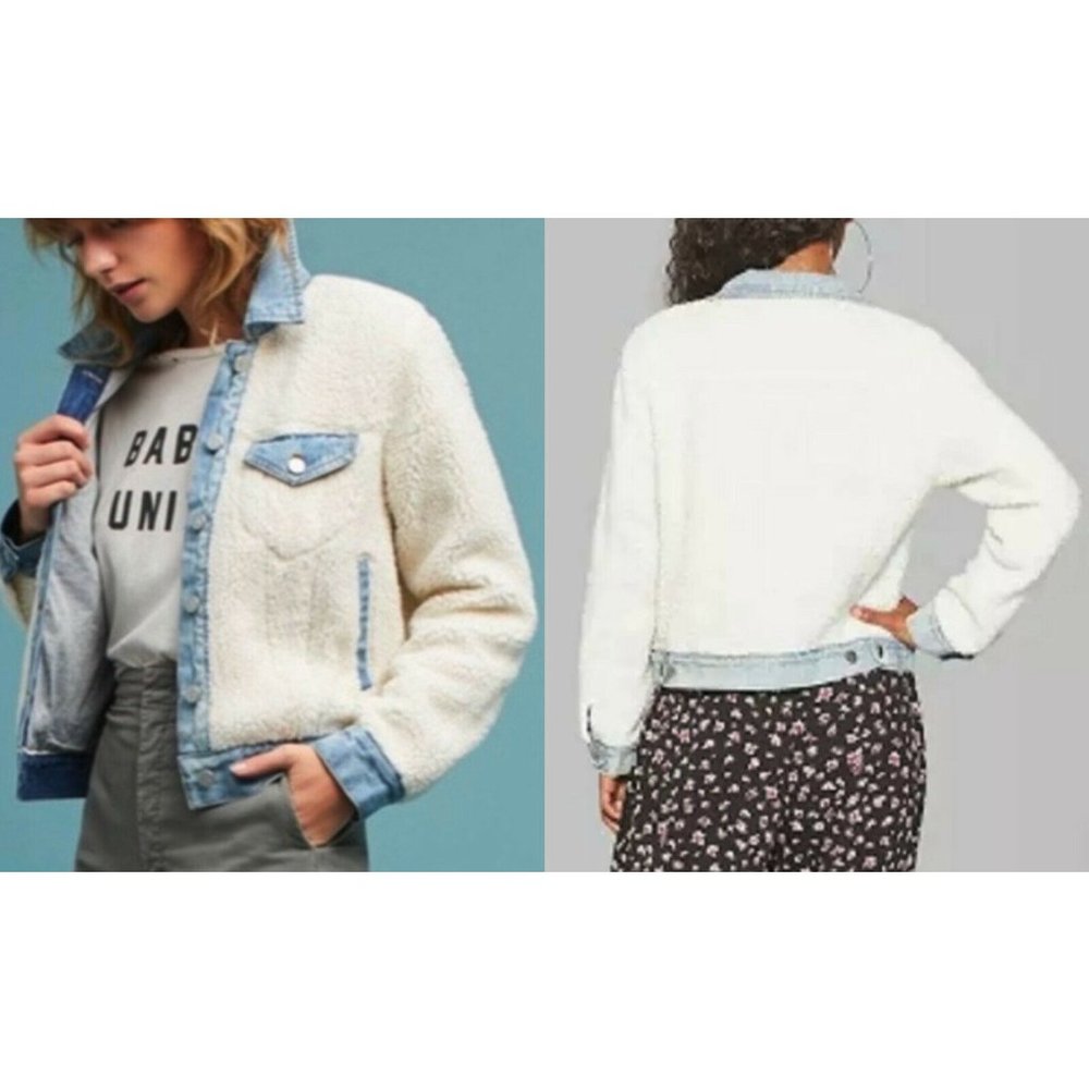 Denim + Sherpa Jacket Large Blue Jean Trucker Coat Faux Fur Blogger's Favorite